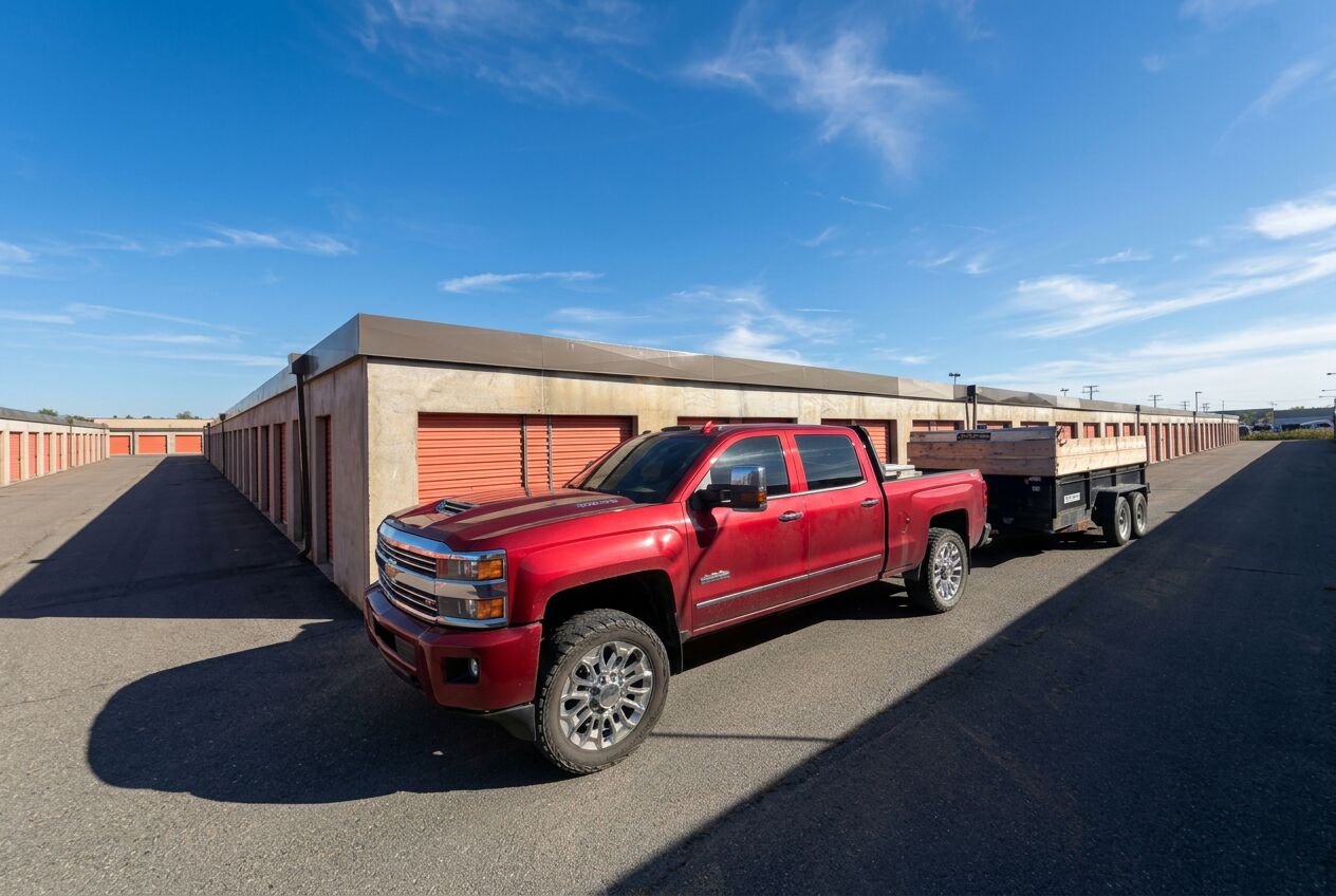 Wally’s red pickup truck and loaded dump trailer at a Southern Maine storage facility
